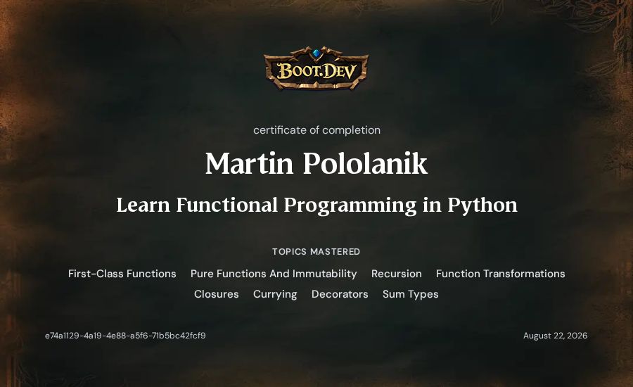 Martin Pololanik's Boot.dev Learn Functional Programming in Python certificate
