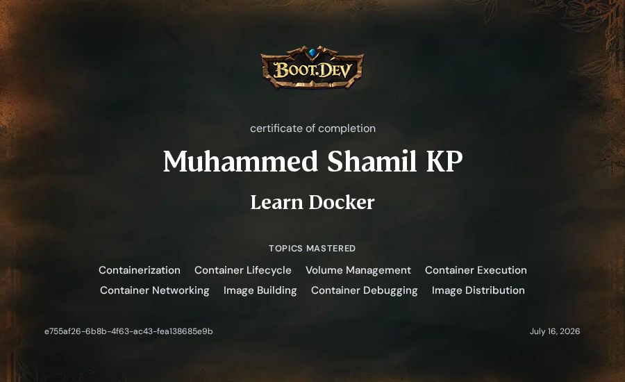 Muhammed Shamil KP's Boot.dev Learn Docker certificate