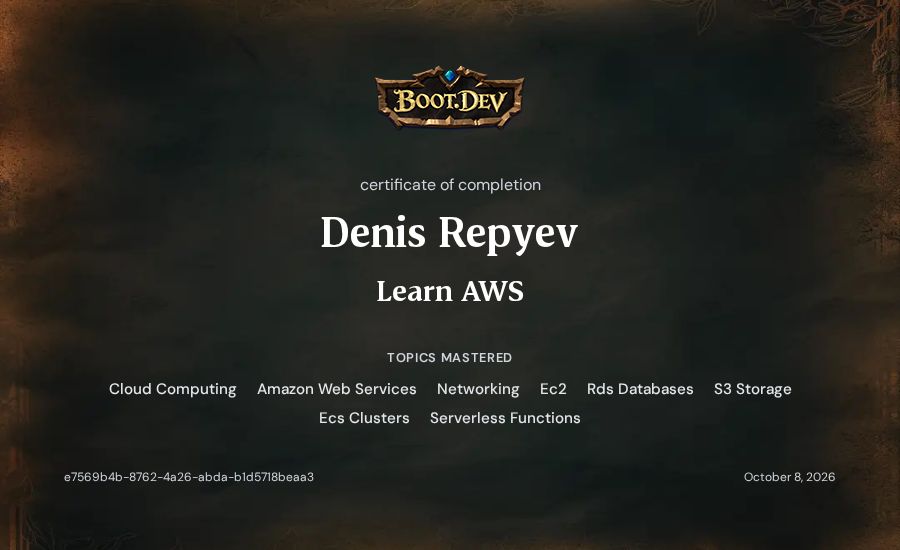 Denis Repyev's Boot.dev Learn AWS certificate