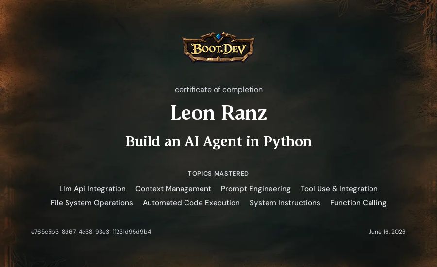 Leon Ranz's Boot.dev Build an AI Agent in Python certificate