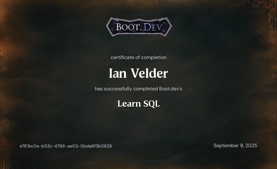 Ian Velder's Boot.dev Learn SQL certificate