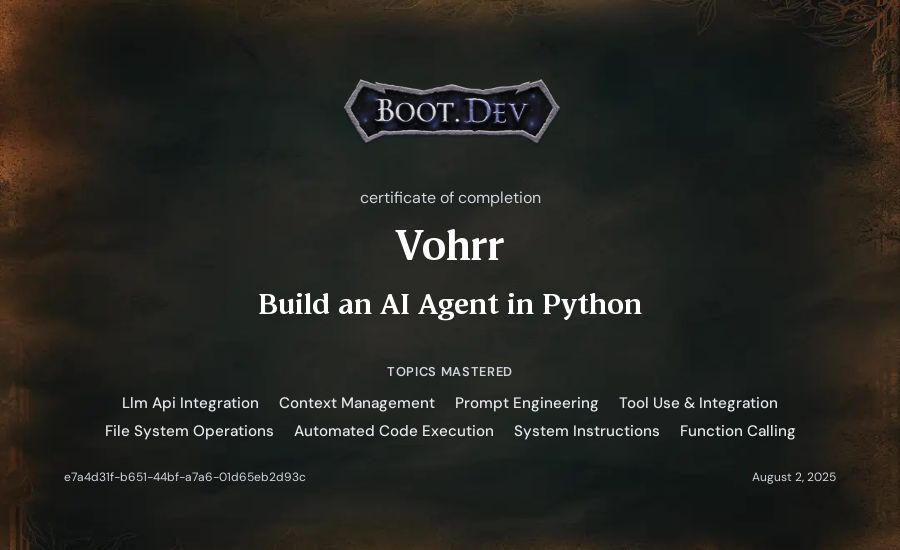 Vohrr's Boot.dev Build an AI Agent in Python certificate