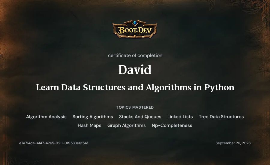 David's Boot.dev Learn Data Structures and Algorithms in Python certificate