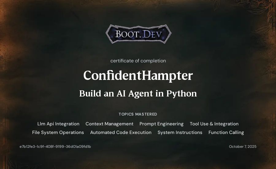 ConfidentHampter's Boot.dev Build an AI Agent in Python certificate