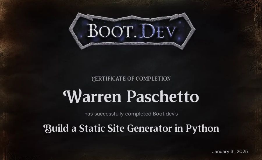 Warren Paschetto's Boot.dev Build a Static Site Generator in Python certificate