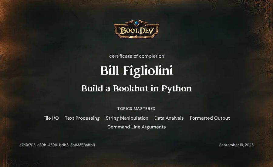 Bill Figliolini's Boot.dev Build a BookBot in Python certificate