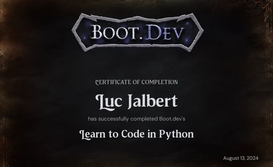Luc Jalbert's Boot.dev Introduction to Python Course certificate