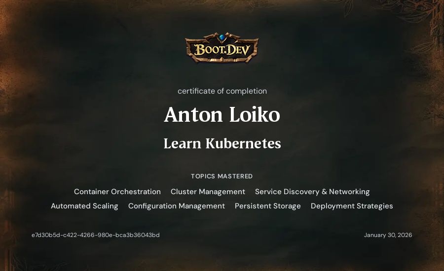Anton Loiko's Boot.dev Learn Kubernetes certificate