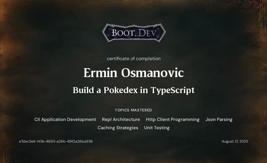 Ermin Osmanovic's Boot.dev Build a Pokedex in TypeScript certificate