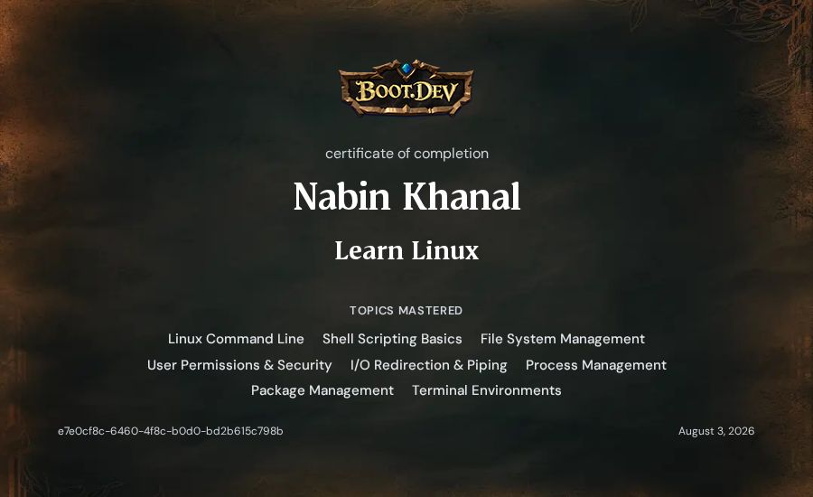 Nabin Khanal's Boot.dev Learn Linux certificate