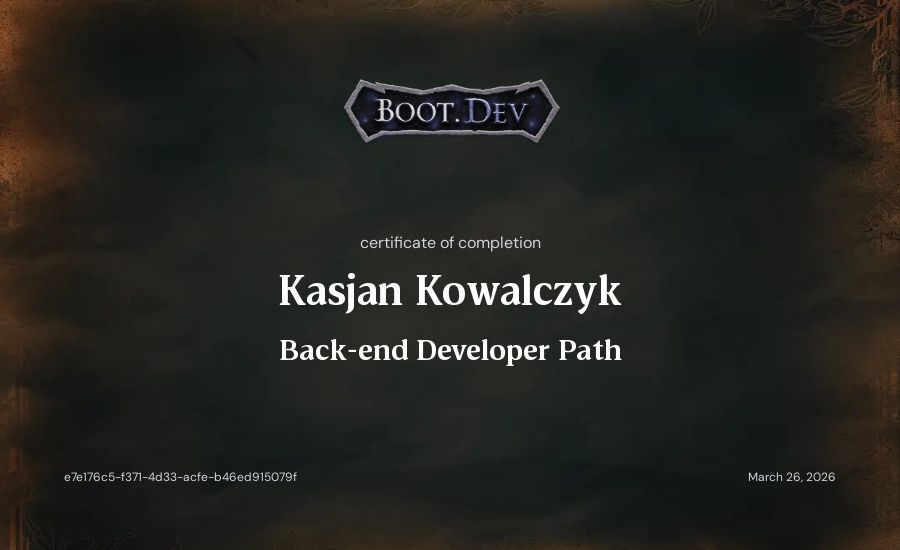 Kasjan Kowalczyk's Boot.dev Backend Developer Path certificate