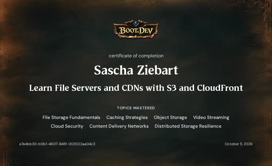 Sascha Ziebart's Boot.dev Learn File Servers and CDNs with S3 and CloudFront certificate