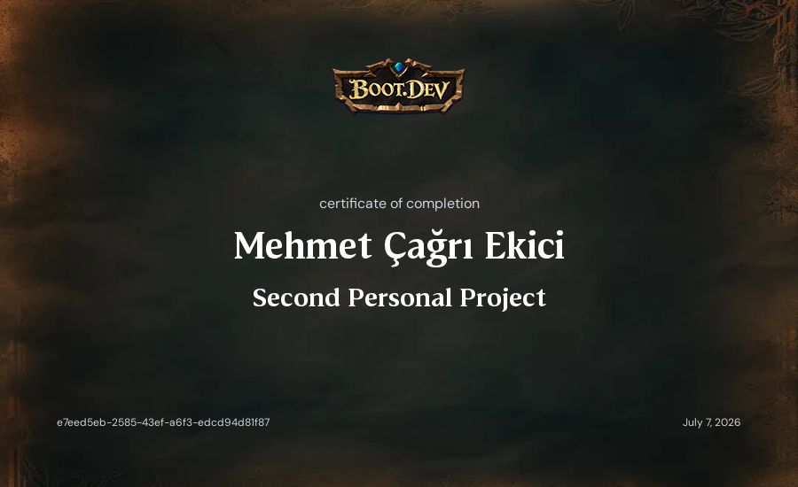 Mehmet Çağrı Ekici's Boot.dev Second Personal Project certificate