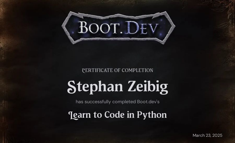 Stephan Zeibig's Boot.dev Introduction to Python Course certificate