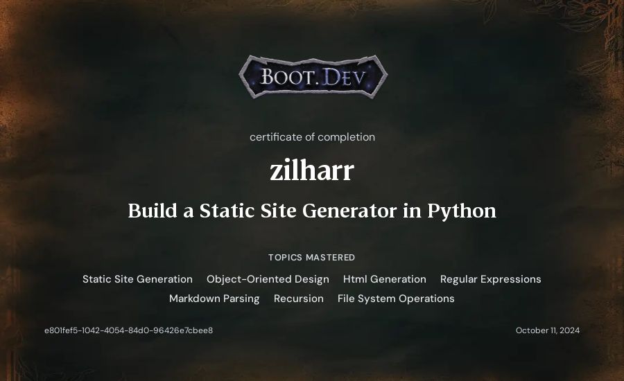 zilharr's Boot.dev Build a Static Site Generator in Python certificate