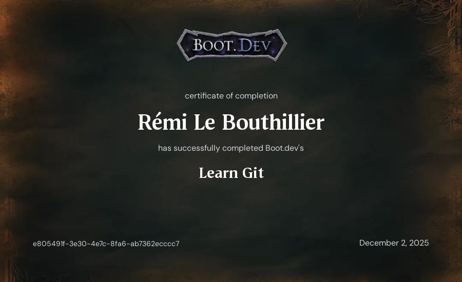 Rémi Le Bouthillier's Boot.dev Learn Git certificate