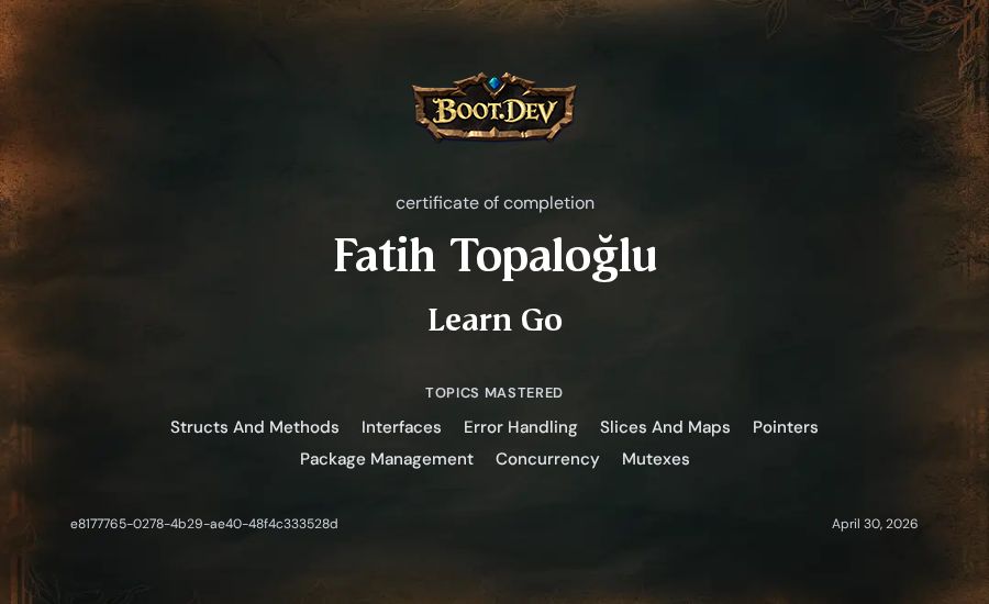 Fatih Topaloğlu's Boot.dev Learn Go certificate