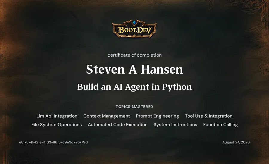 duckshed's Boot.dev Build an AI Agent in Python certificate