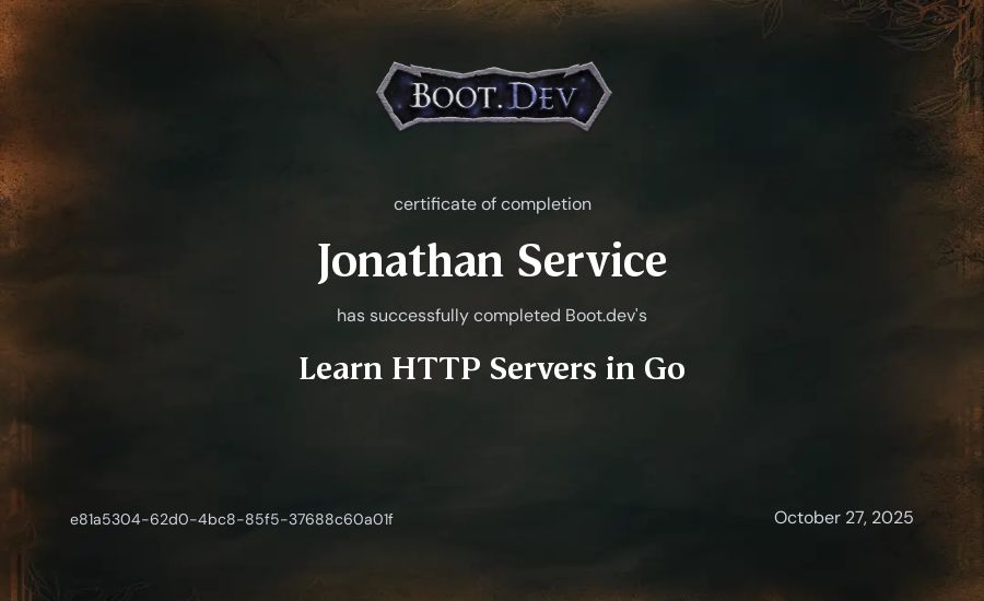 Jonathan Service's Boot.dev Learn HTTP Servers in Go certificate
