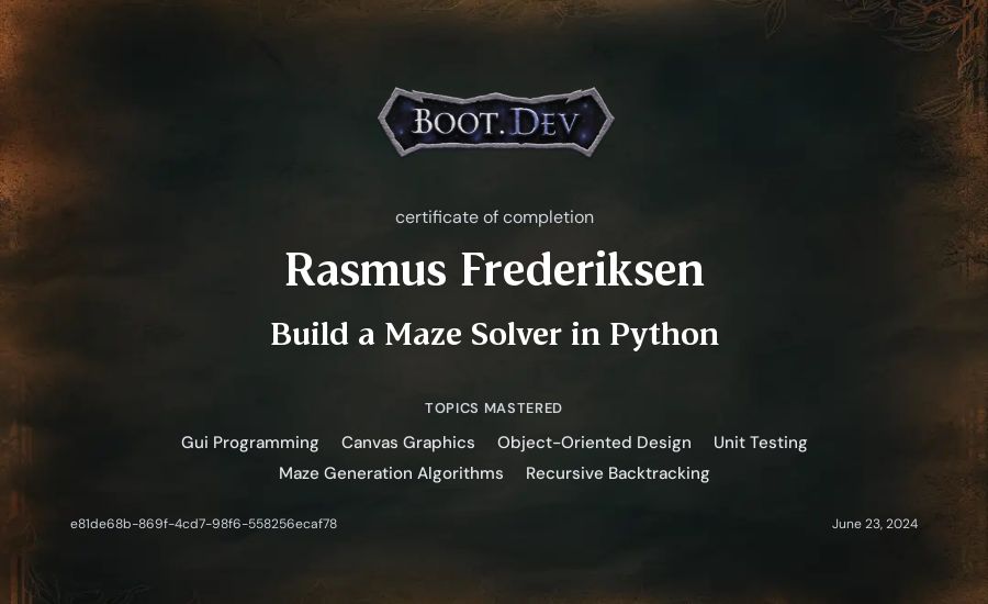 Rasmus Frederiksen's Boot.dev Build a Maze Solver in Python certificate