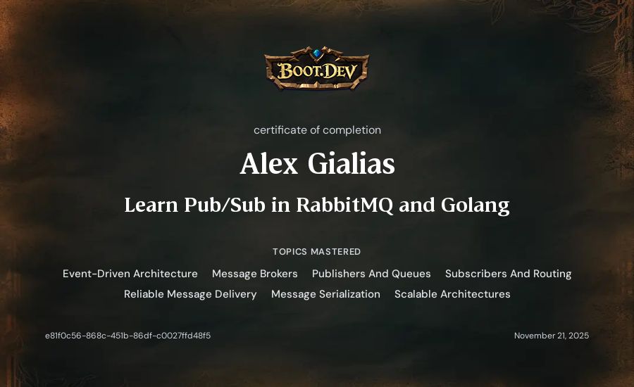 Alex Gialias's Boot.dev Learn Pub/Sub in RabbitMQ and Go certificate