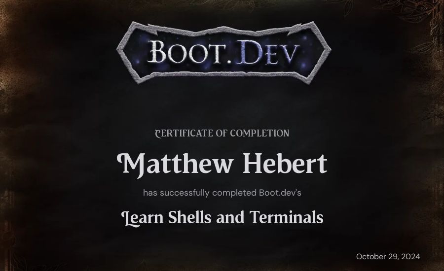 Matthew Hebert's Boot.dev Learn Linux certificate