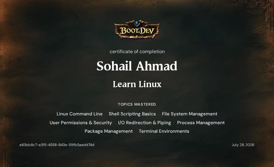 Sohail Ahmad's Boot.dev Learn Linux certificate