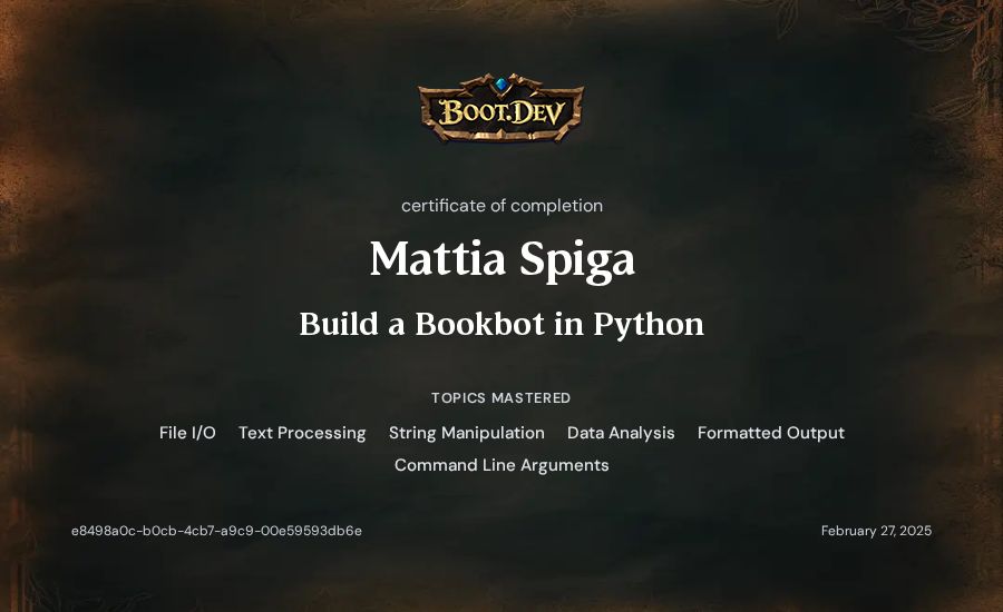 Mattia Spiga's Boot.dev Build a BookBot in Python certificate