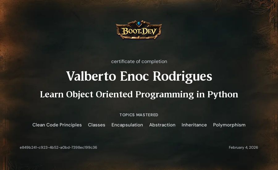 Valberto Enoc Rodrigues's Boot.dev Learn Object Oriented Programming in Python certificate