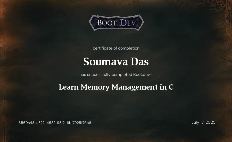 Soumava Das's Boot.dev Learn Memory Management in C certificate