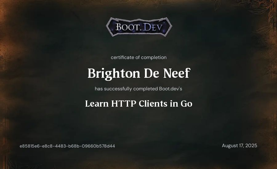 Brighton De Neef's Boot.dev Learn HTTP Clients in Go certificate