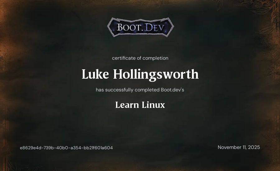 Luke Hollingsworth's Boot.dev Learn Linux certificate