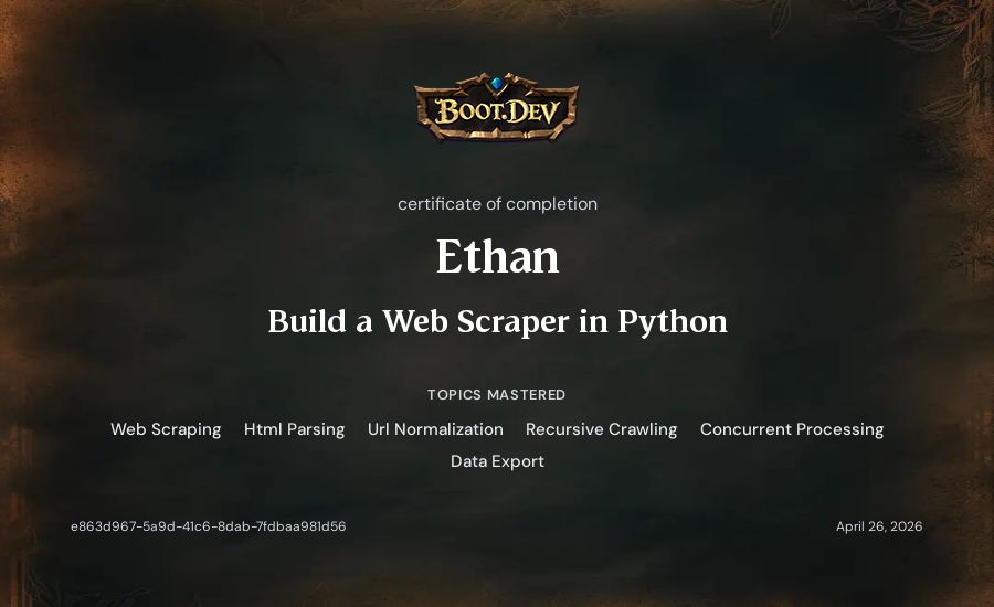Ethan's Boot.dev Build a Web Scraper in Python certificate