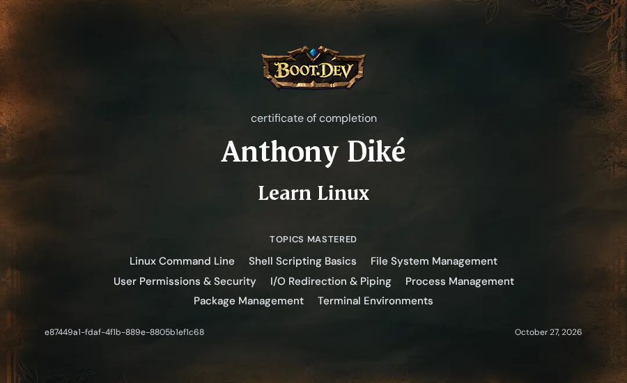 Anthony Diké's Boot.dev Learn Linux certificate