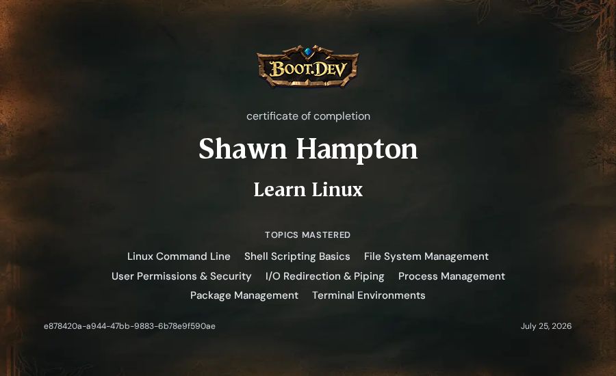 Shawn Hampton's Boot.dev Learn Linux certificate