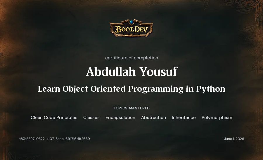 Abdullah Yousuf's Boot.dev Learn Object Oriented Programming in Python certificate