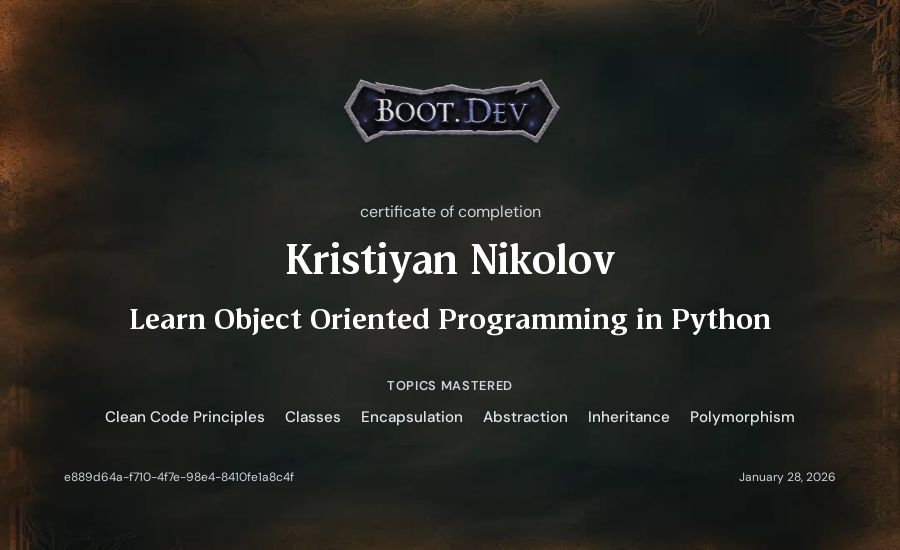 Kristiyan Nikolov's Boot.dev Learn Object Oriented Programming in Python certificate