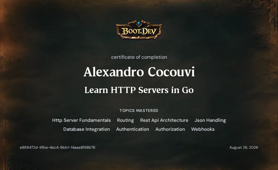 Alexandro Cocouvi's Boot.dev Learn HTTP Servers in Go certificate