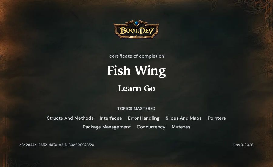 Fish Wing's Boot.dev Learn Go certificate