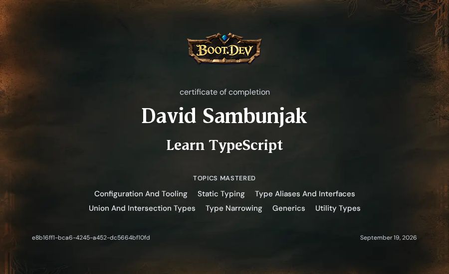 David Sambunjak's Boot.dev Learn TypeScript certificate