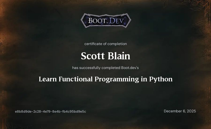 Scott Blain's Boot.dev Learn Functional Programming in Python certificate