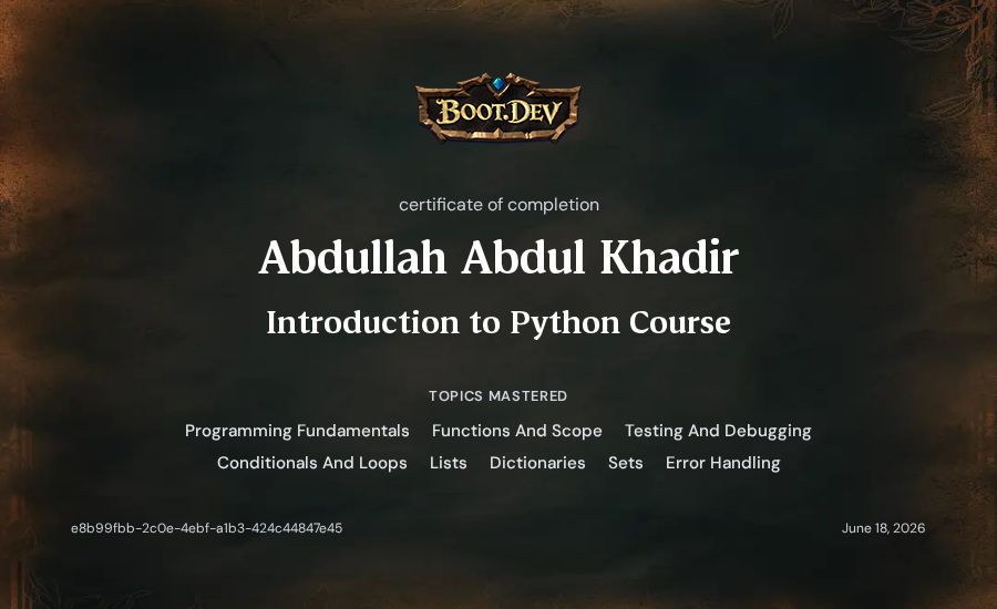 Abdullah Abdul Khadir's Boot.dev Introduction to Python Course certificate