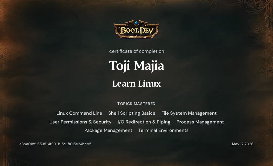 Toji Majia's Boot.dev Learn Linux certificate