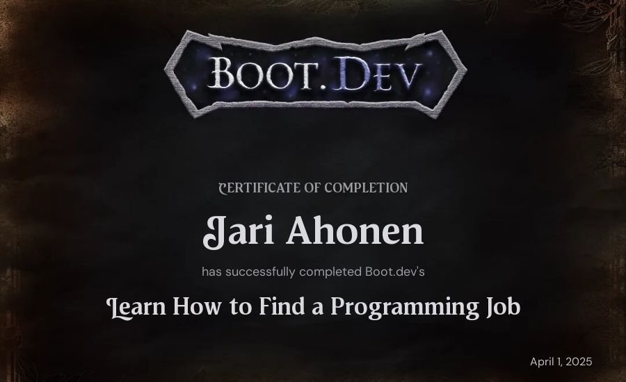 Jari Ahonen's Boot.dev Learn How to Find a Programming Job certificate