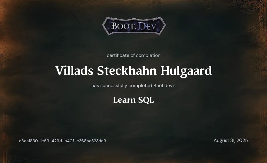 Villads Steckhahn Hulgaard's Boot.dev Learn SQL certificate