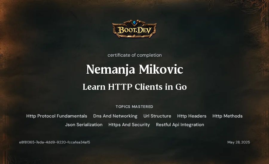 Nemanja Mikovic's Boot.dev Learn HTTP Clients in Go certificate