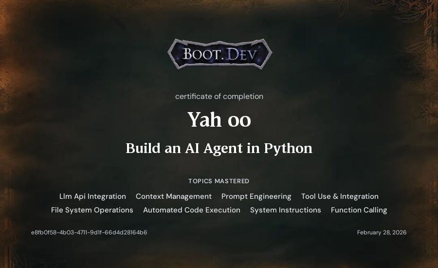 Yah oo's Boot.dev Build an AI Agent in Python certificate