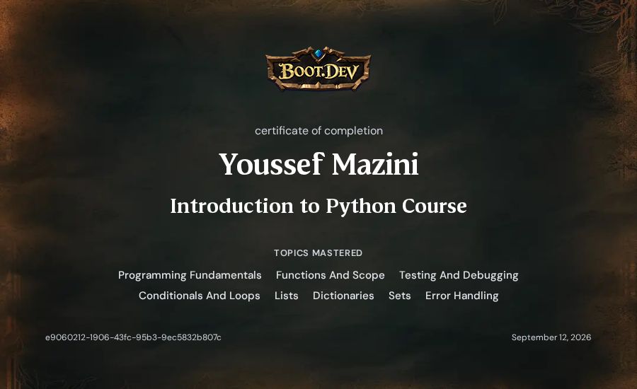 Youssef Mazini's Boot.dev Introduction to Python Course certificate