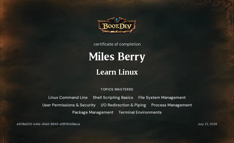 Miles Berry's Boot.dev Learn Linux certificate