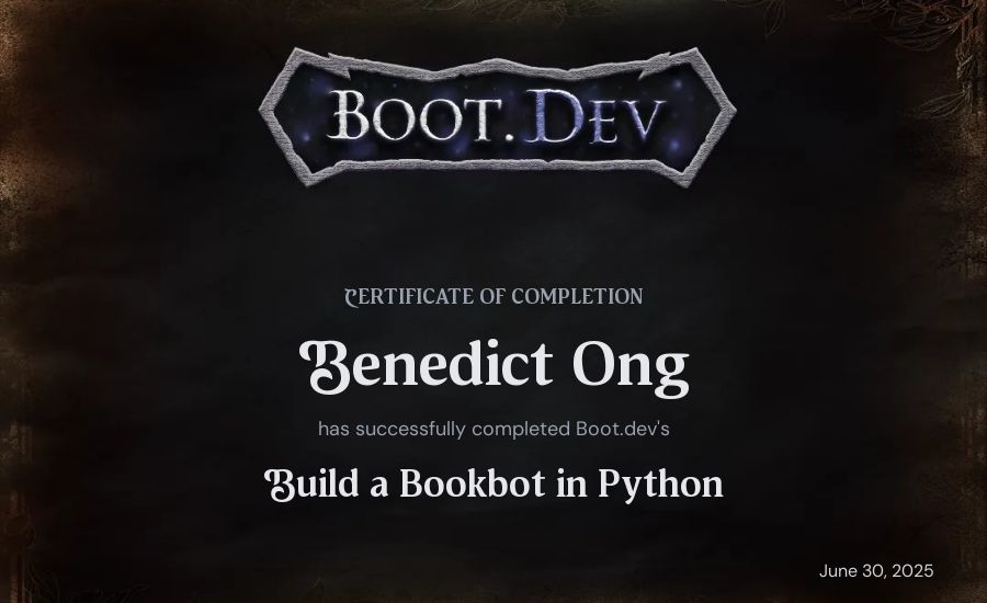 Benedict Ong's Boot.dev Build a BookBot in Python certificate
